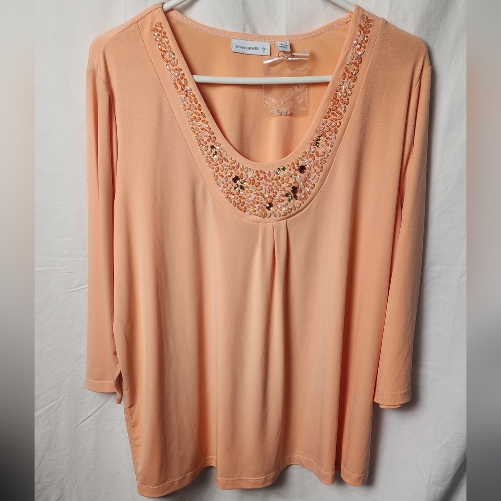 Peach Long Sleeve Top with Embellished Neckline - Susan Graver